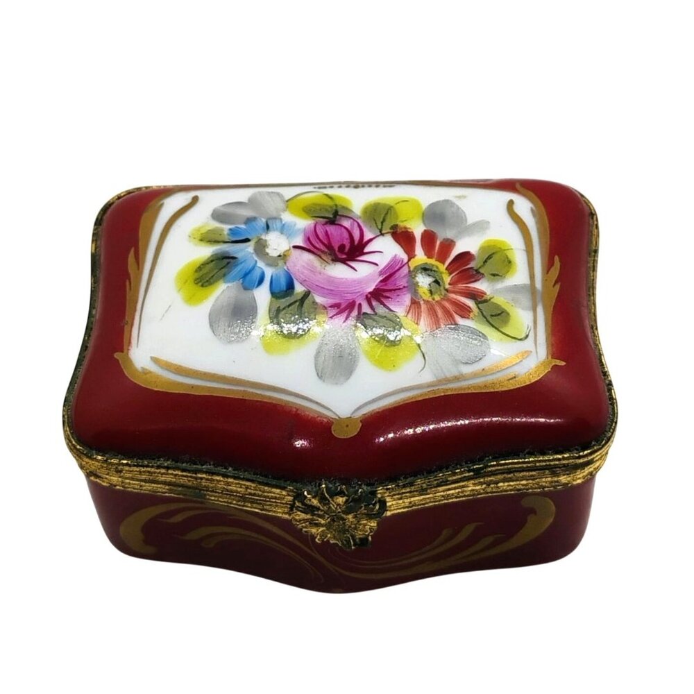 Porcelaines de Couleuvre Vtg French Floral Trinket Pill Box Pink Red Roses